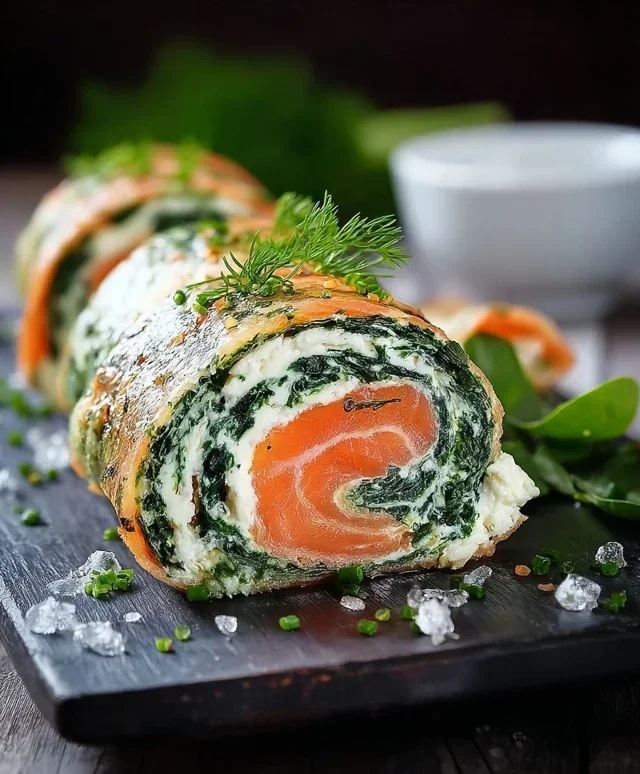 Spinat Lachs Rolle mit Frischkase