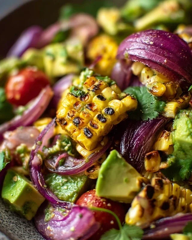 Charred Corn Avocado Salad with Roasted Red Onions