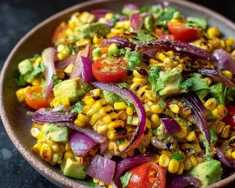 Charred Corn Avocado Salad with Roasted Red Onions