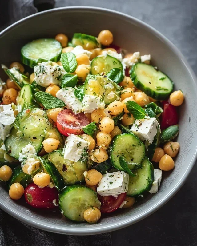 Gurkensalat mit Feta und Kichererbsen einfach zubereiten. - RezeptBrise