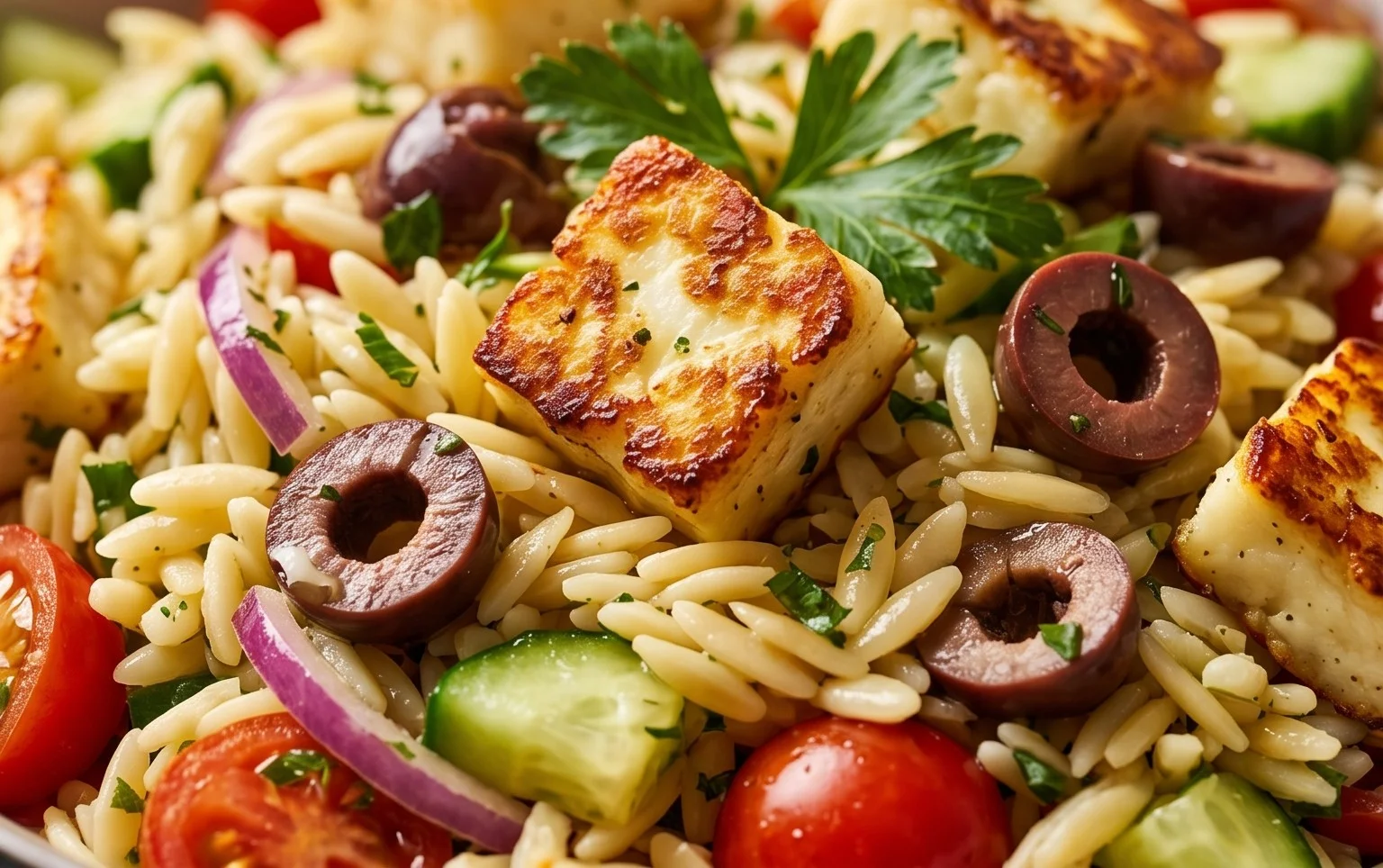 Kritharaki-Salat mit Halloumi-Croutons