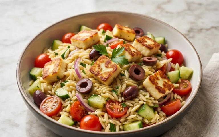 Kritharaki-Salat mit Halloumi-Croutons