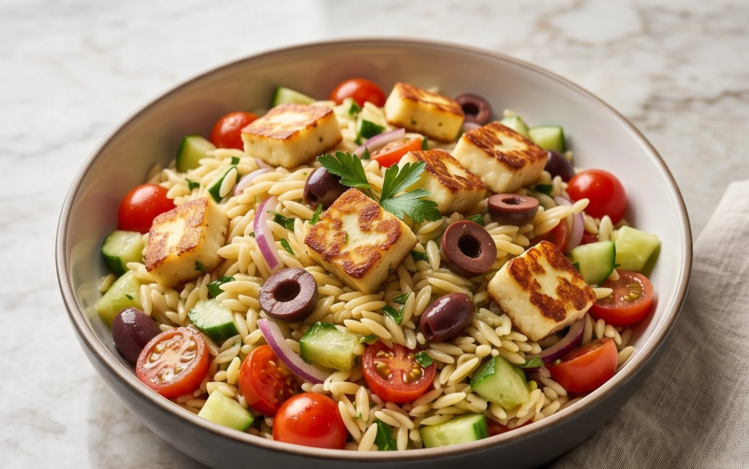 Kritharaki-Salat mit Halloumi-Croutons
