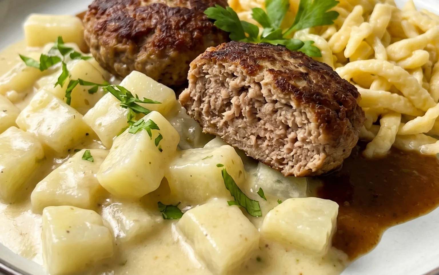 Kohlrabigemüse in heller Soße mit Frikadellen und Spätzle