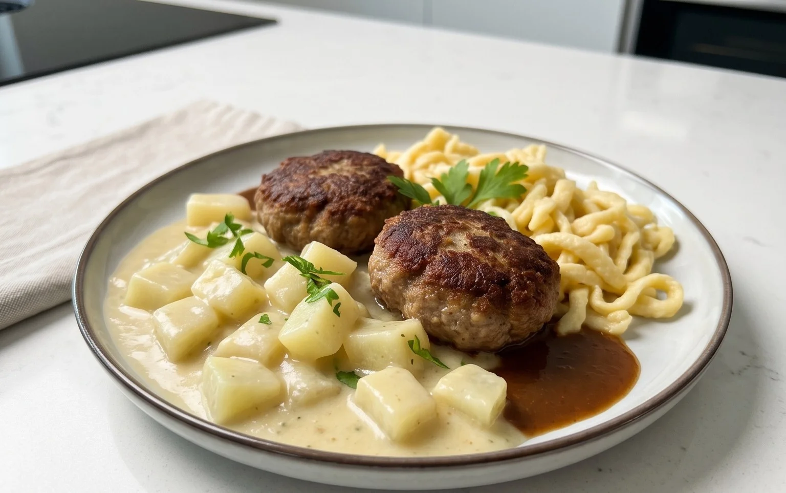 Kohlrabigemüse in heller Soße mit Frikadellen und Spätzle