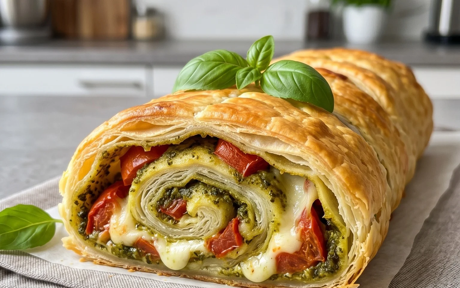 Pesto Strudel mit Tomate und Mozzarella (schnelles Rezept aus Blätterteig)
