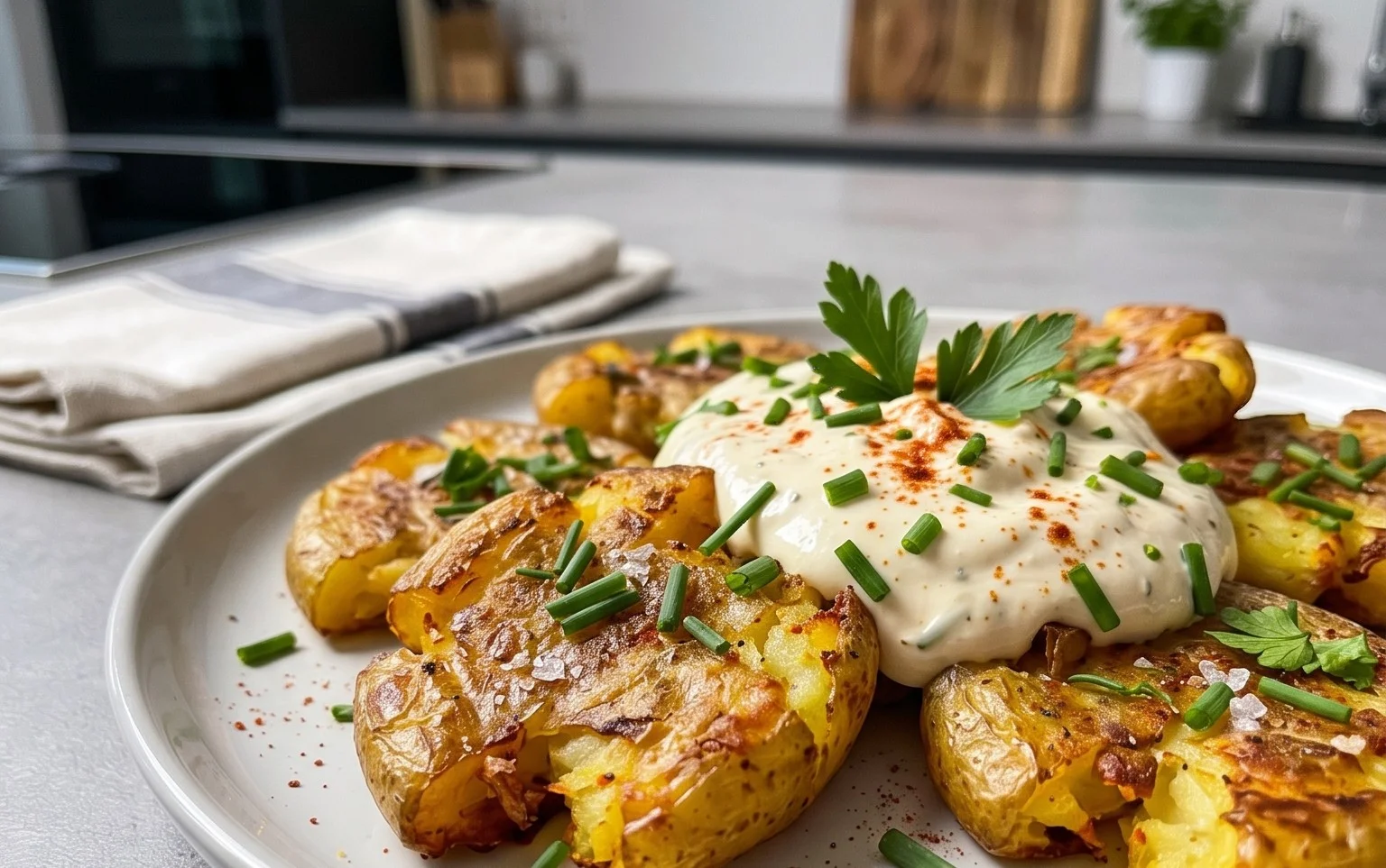Smashed Potatoes mit Dip - einfach & genial