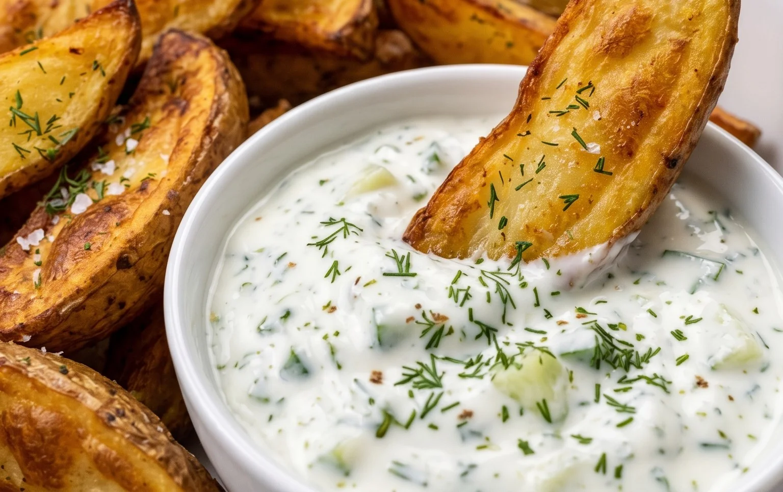 Kartoffelspalten mit Gurkendip