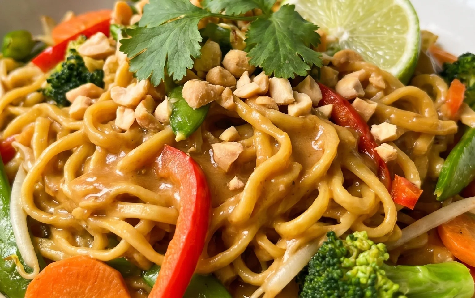 Mie Nudeln mit Erdnusssauce und Gemüse