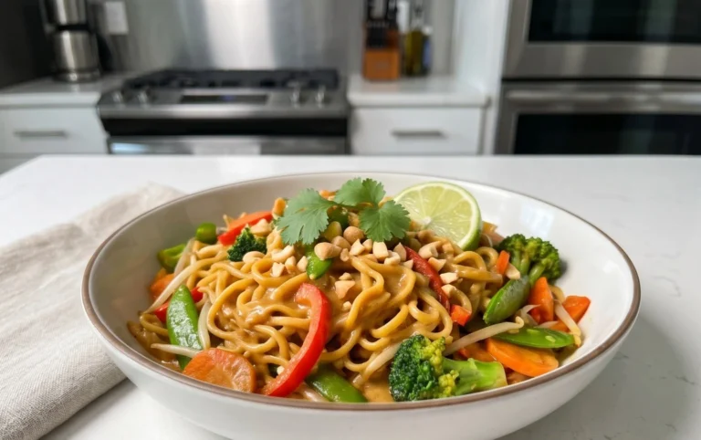 Mie Nudeln mit Erdnusssauce und Gemüse