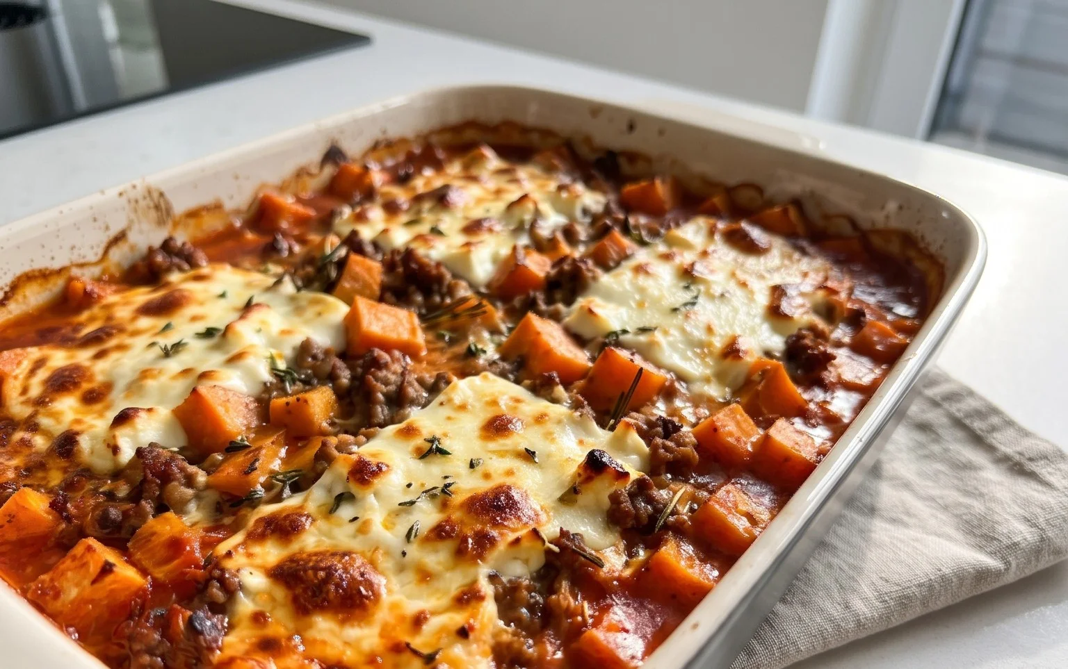 Süßkartoffel-Hackfleisch-Auflauf mit Feta