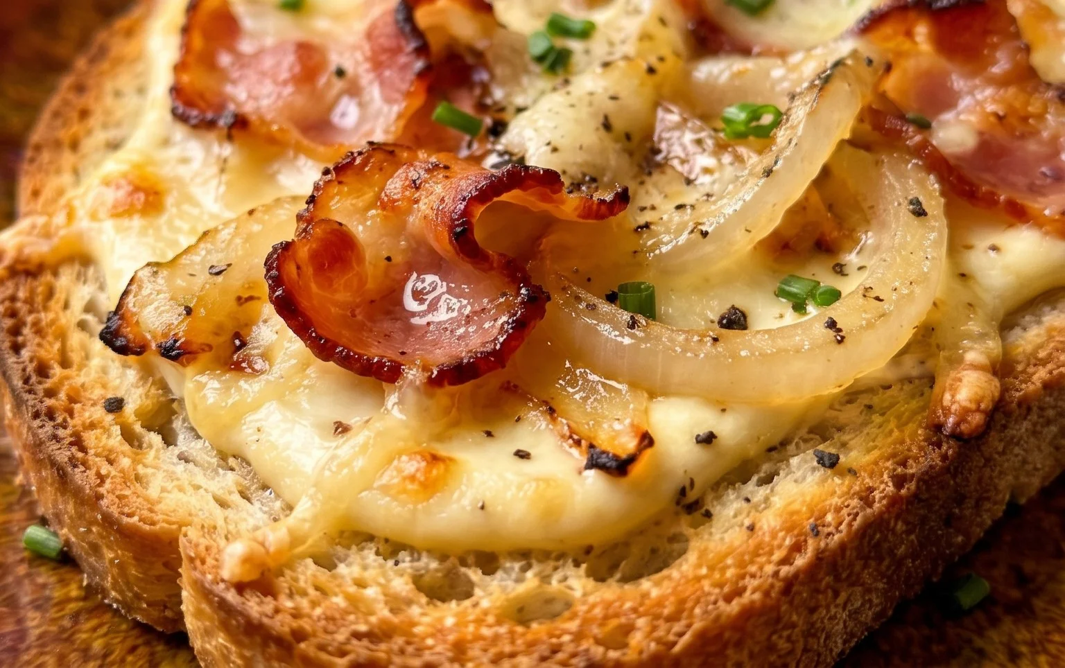 Flammkuchen Toast mit Speck und Zwiebeln