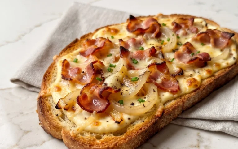 Flammkuchen Toast mit Speck und Zwiebeln