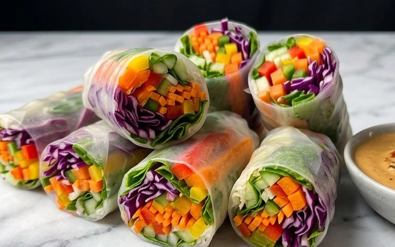 Rainbow Spring Rolls with Gin Extractger Peanut Sauce