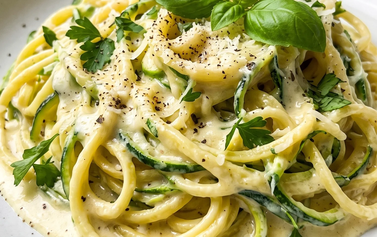 Zucchini-Spaghetti in cremiger Sauce– Zoodles
