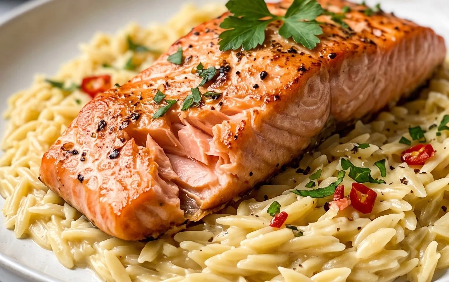 One Skillet Salmon with Lemon Orzo
