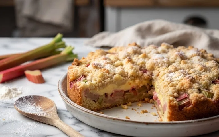 Rhabarberkuchen mit Pudding und Streuseln – wie von Oma