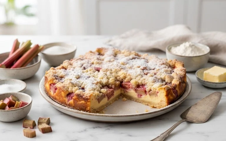Rhabarber Käsekuchen mit Streuseln